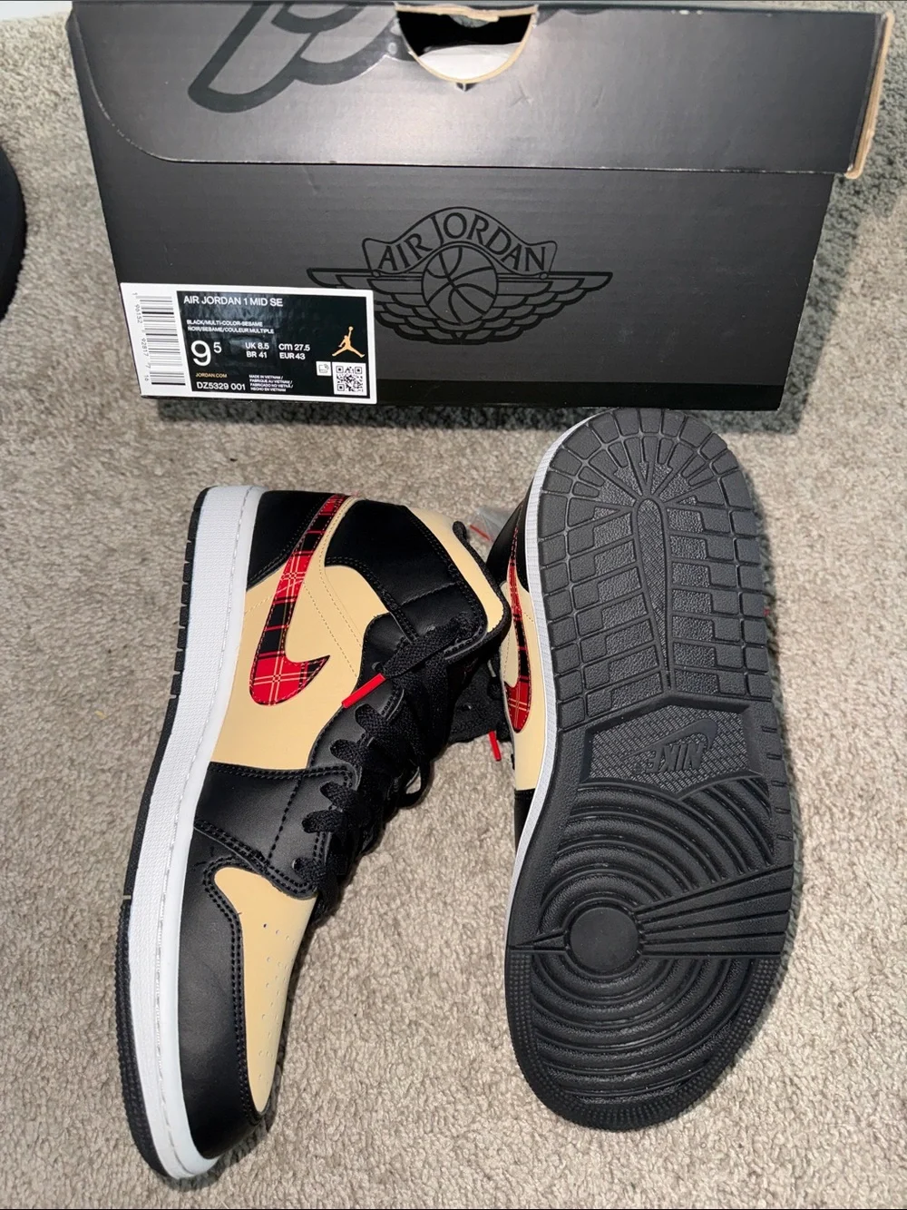 Men's Jordan 1 Mid SE Black and Beige High-Top Plaid Accent Sneakers